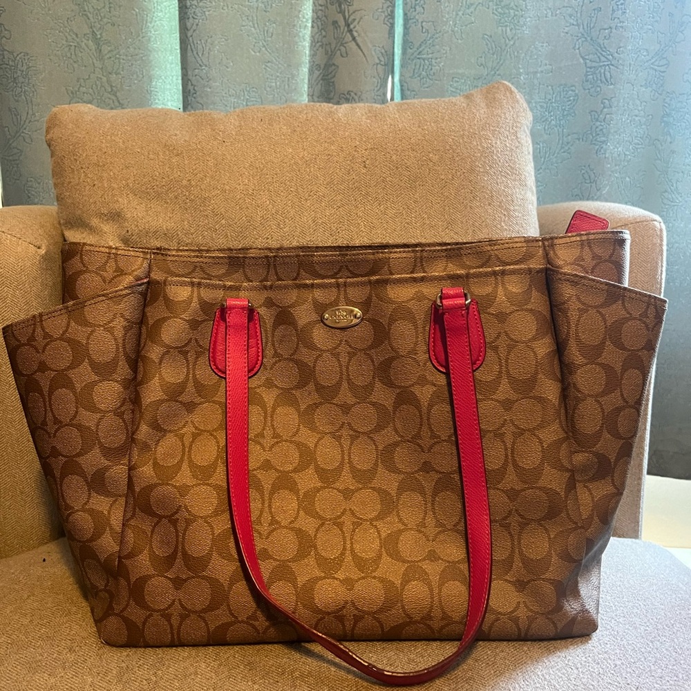 Coach Brown Tote Bag with pink accent